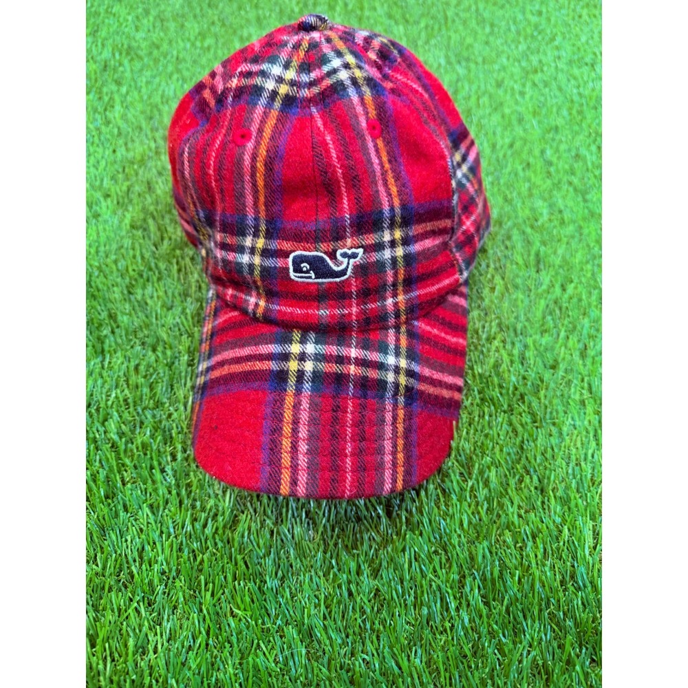 Vineyard Vines Red Plaid Wool Blend Whale Logo Adjustable Baseball Hat Cap